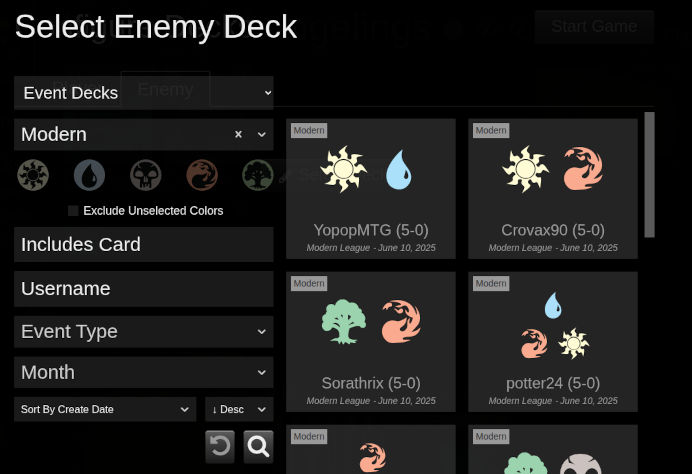 Screenshot of Select Enemy Deck from Event Decks